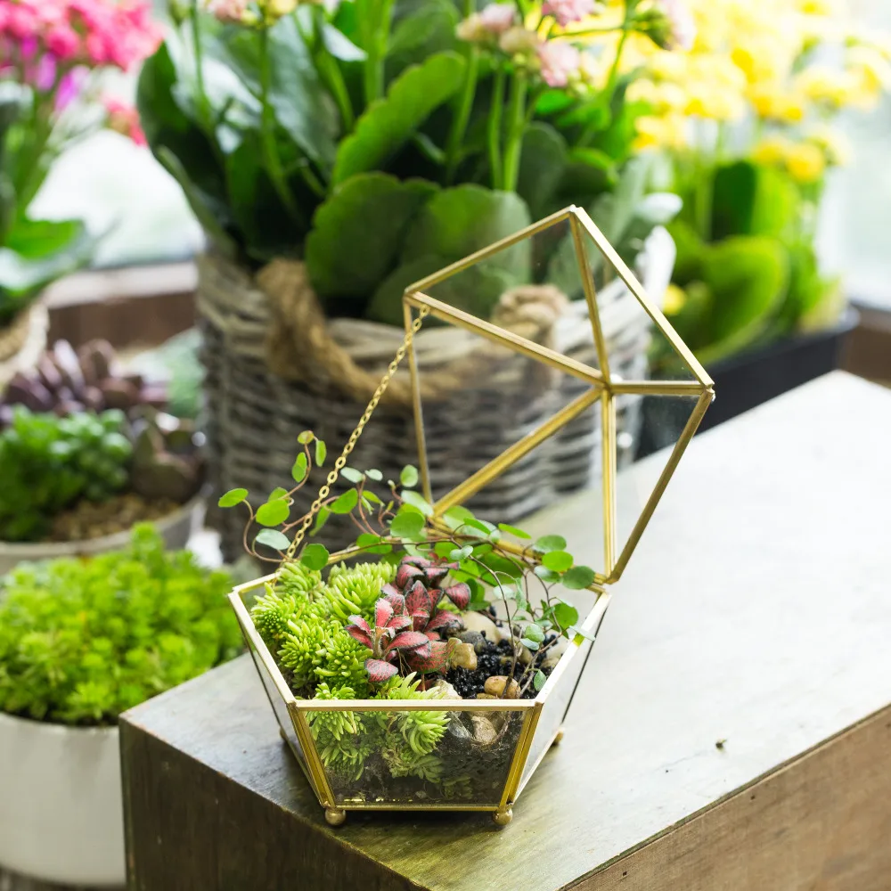 Vintage Decorative Jewelry Chest Geometric Terrarium Box Storage  Made of Glass and Brass Tone A