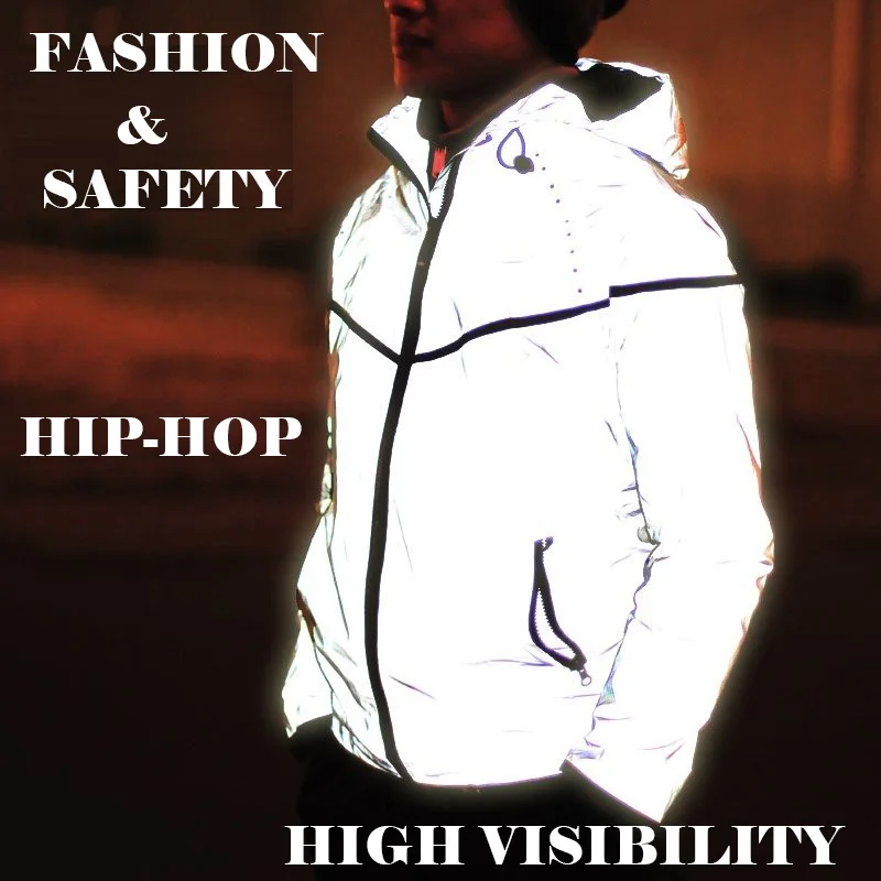 

Casual hip-hop coat windbreaker fashion reflective safety jacket coat high visibility silvery for running jogging for men