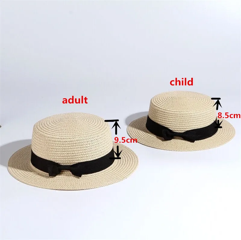 Chapeau de soleil simple pour parents et enfants, fait à la main, avec nœud, pour femmes, casquette de paille, de plage, à grand bord, décontracté, pour filles, été, 2019