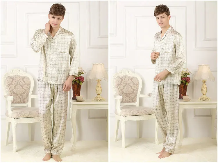 100%, silk silk pajamas set, men\'s silk home wear, long sleeve trousers, gold printing big size, loose burst 2