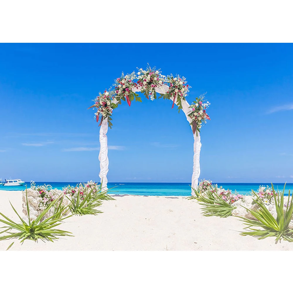 

Cymbozin Beach Wedding Photography Background Blue Sky Flowers Decorated Arch Door Seaside Photo Studio Photobooth Backdrops