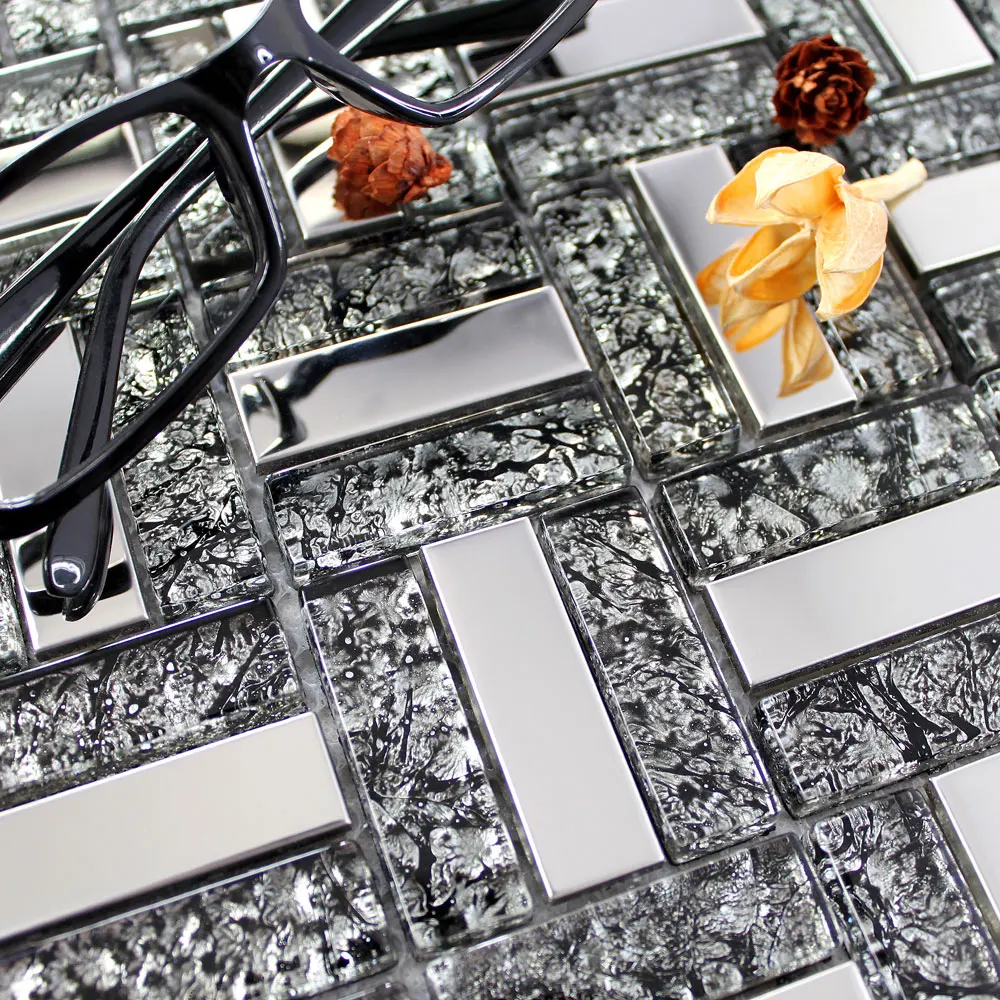 11PCS Mondern Black Glass Silver Metal Mosaic tiles, Kitchen Backsplash Cabinet Living Foom Fireplace Wall Brick Tile Decoration