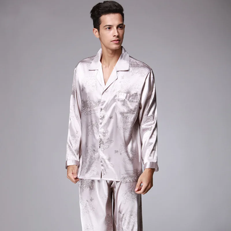 New 2pcs Chinese Men's Satin Silk Turn-down Collar Pajamas Sets Long Sleeve Pyjama Suits Casual Sleepwear Pijama  B-6754