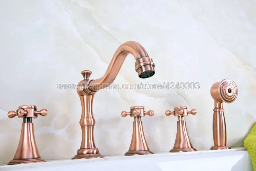 

Antique Red Copper Roman Bathtub Faucet Widespread 5pcs Bath Shower Mixer Tap with Handshower Ktf216