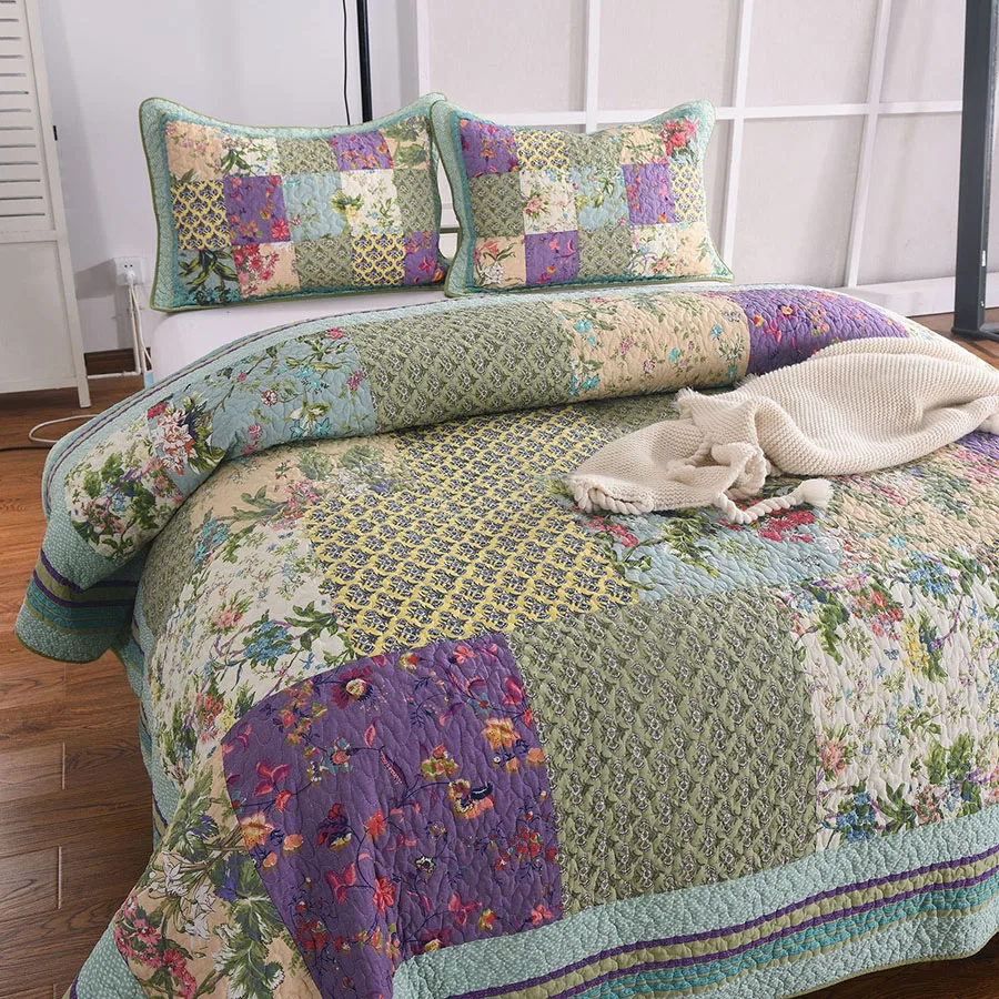 CHAUSUB Patchwork Quilt Bedspread Set 3PCS King Queen Size Pastoral Cotton Quilted Blanket with 2 Pillowcase Summer Coverlet 2