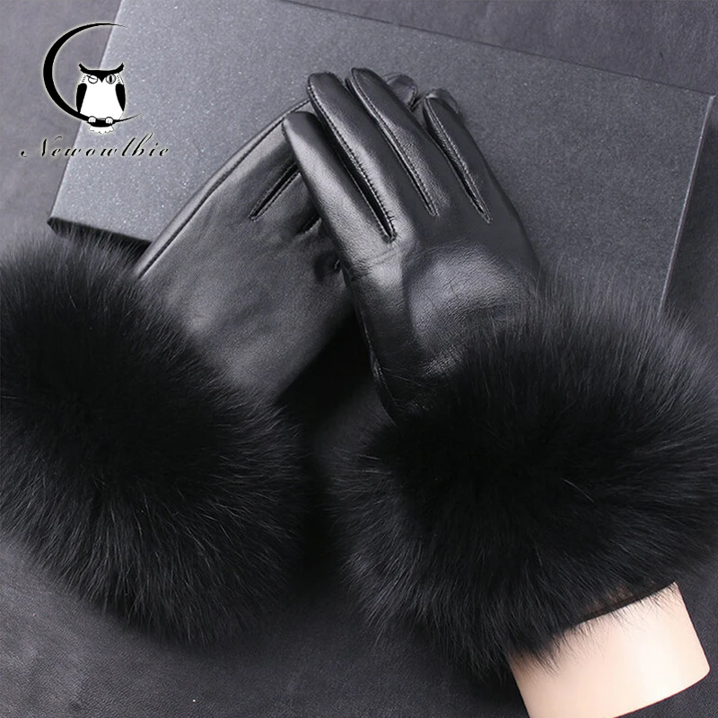 Women's leather real fox leather adult leather winter riding windproof inner Plush warm fleece gloves