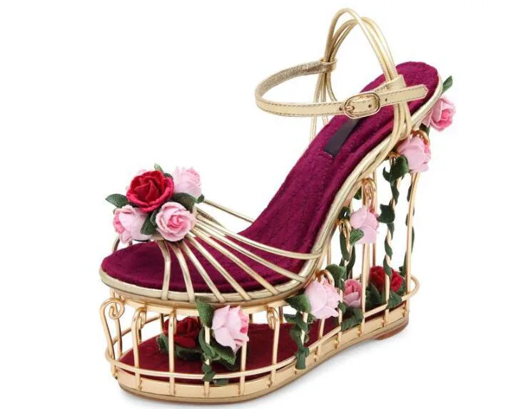 Luxury women shoes high platform wedges sandals bird cage design slingbacks shoes gold rose gold flower bride shoes sandals