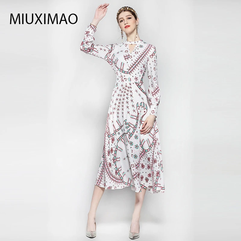 HIGH QUALITY New 2023 Fashion Women\'s Long Sleeve Vintage V-Neck  Print Italy Geometric Pattern Dress Elegant   Long Dress Women