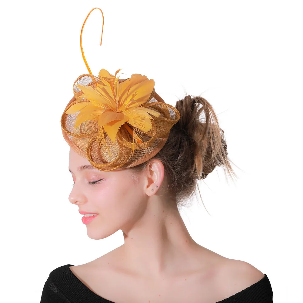 Women Gold Wedding Hats Sinamay Fascinators Headbands Female Party Headwear Bridal Royal Flower Feathers Hair Accessories Nice