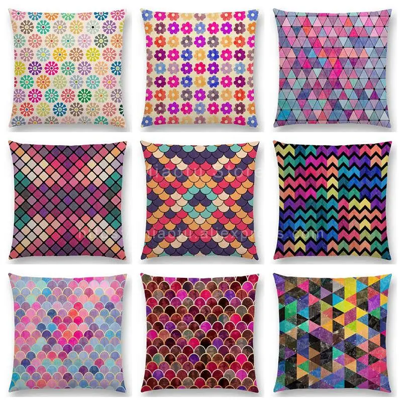 Lovely Geometric Pattern Cushion Cover Pastel Triangles Diamond Colorful Flowers Dots Stars Rainbow Wave Sofa Throw Pillow Case