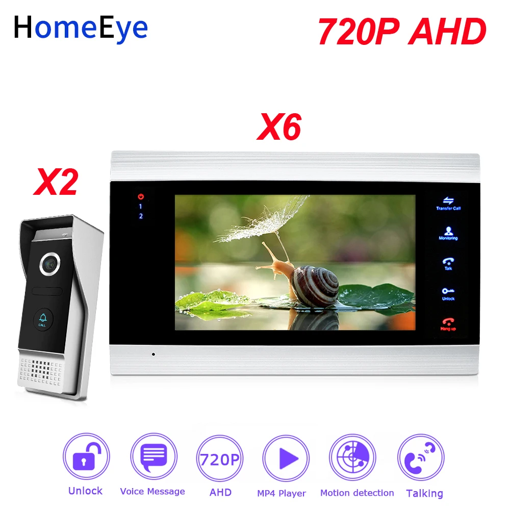 HomeEye 720P AHD Video Door Phone Video Intercom 2-6 Home Access Control System Wide View Angle Motion Detection Security Alarm