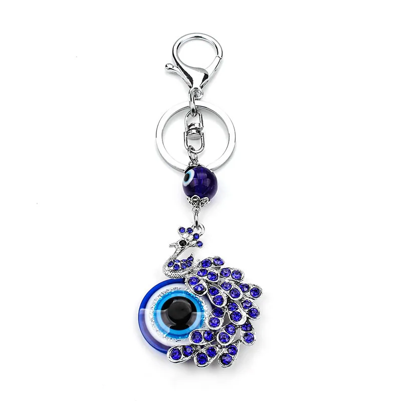 Fashion Blue Crystal Peacock Keychain Keyring Trinket Purse Bag Evil Eye jewelry