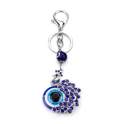 Fashion Blue Crystal Peacock Keychain Keyring Trinket Purse Bag Evil Eye jewelry