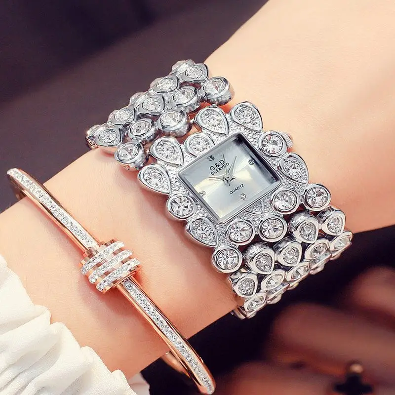 2018 G&D New Women Rhinestone Watches Dress Women watch Diamond Luxury brand Bracelet Wristwatch ladies Crystal Quartz Clocks