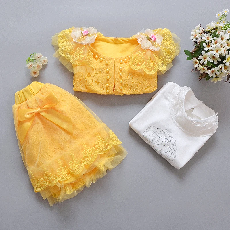 1-8 Years Lovely Kids Girls Clothing Sets 3pcs Short Outwear Jacket+Long Sleeve Shirt+Skirts New Autumn Toddler Girls Suits B333