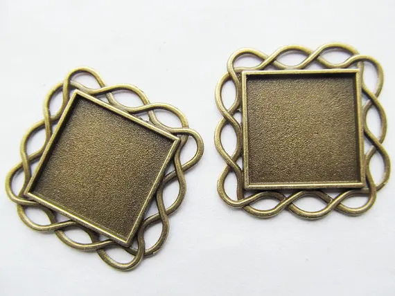 100pcs Antique Silver tone/Antique Bronze Twist Border Base Setting Tray Bezel Pendant Charm,fit 20mm Square Cabochon/Cameo