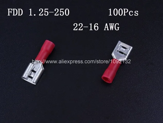 100pcs/bag  6.3 mm Female Insulated Wire Terminal Connectors FDD1.25-250