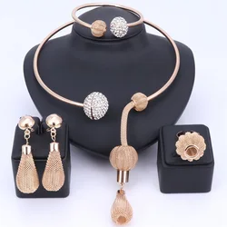 Dubai Gold Color Crystal Tassels Jewelry Fashion Wedding African Costume Necklace Earring Bangle Rings Jewelry Sets