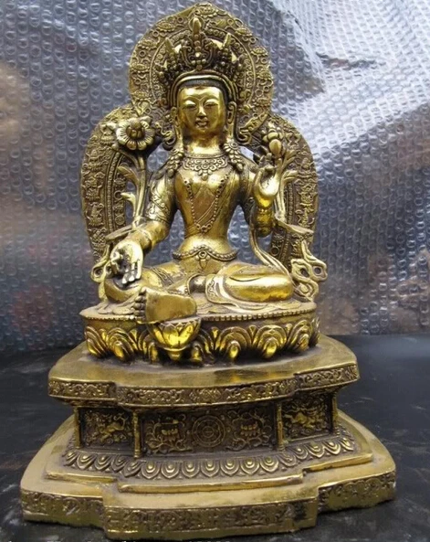 27CM Tibet Buddhist Bronze Copper Gild Green TaRa Guan Yin Kwan-yin Goddess Statue