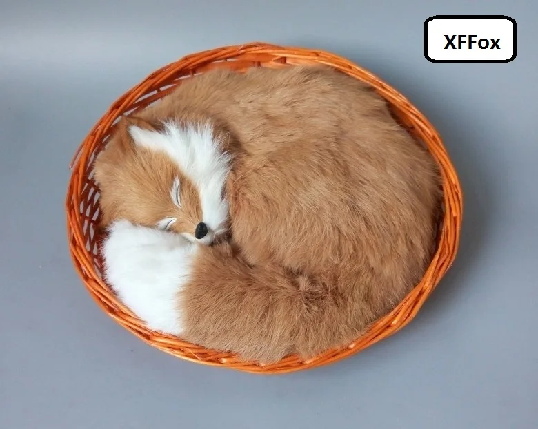 

big real life sleeping fox model plastic&furs simulation brown fox doll in a basket gift about 28x28cm xf1794