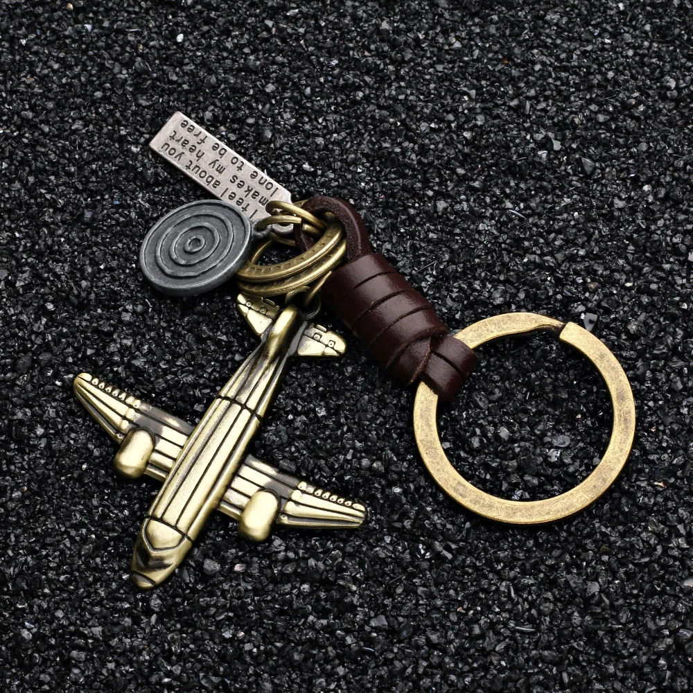 2024 Trend Jewelry Vintage Handwork Weave Genuine Leather Airplane Keychain Simple Alloy Accessories Men Key Chain Jewelry