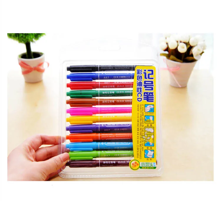 12-color Two-tipped Permanent Marker 12 pens/box,  round tip&needle tip, JHB00021