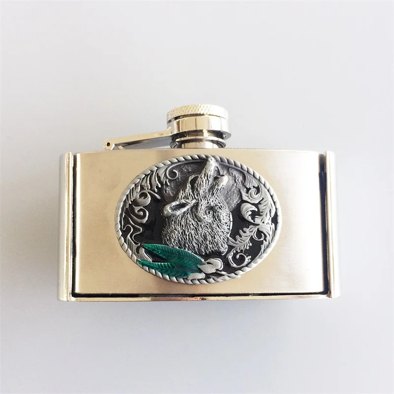 Men Belt Buckle Western Wolf 3oz Stainless Steel Flask Belt Buckle Also Stock in US BUCKLE-FL-Wolf