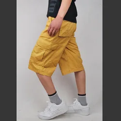 Yellow Green Multi-pocket Plus Size 30-44 Cotton Men's Cargo Shorts Grey baggy baggy