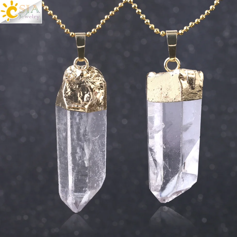 CSJA Irregular Natural Crystal Pillar Pendants Healing Clear Quartz Necklace Gold Color Necklaces for Women Men Random Size F804