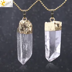 CSJA Irregular Natural Crystal Pillar Pendants Healing Clear Quartz Necklace Gold Color Necklaces for Women Men Random Size F804