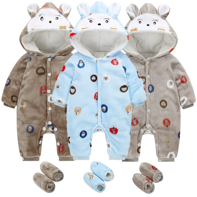 2018 Winter Fleece Newborn Rompers Boot Thick Outfits For Baby Girl Coats Hooded Jumpsuit Sock Rabbit Costumes Premature Clothes