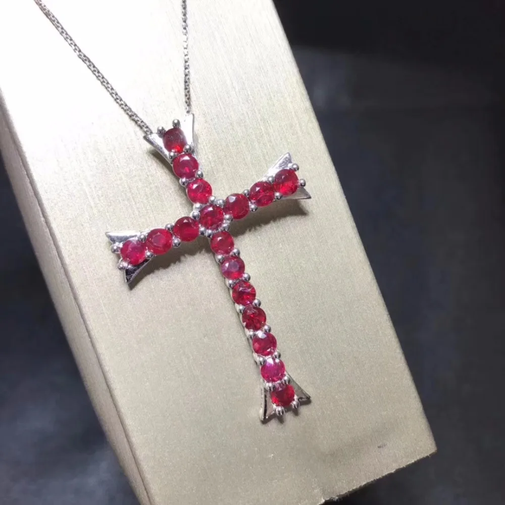 Cross style natural ruby necklace, multi color, 925 silver high-end color treasure.