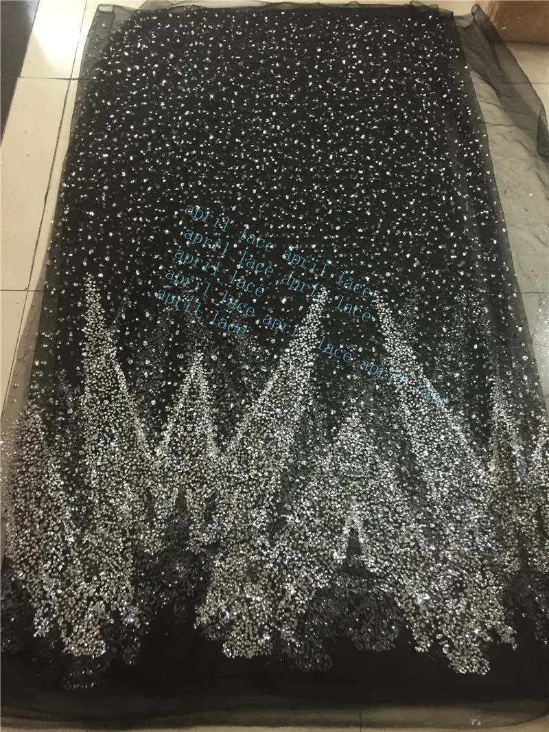 

ap220 # 5 yards black mesh silver glitter pearls sparkly hand print glued net tulle mesh sugar lace fabric for sawing dress