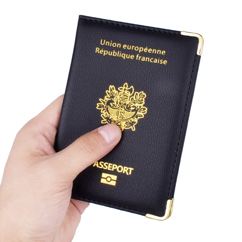 Funda de pasaporte francés de cuero PU con ranuras para tarjetas de crédito, organizador de pasaporte francés para viajes para hombres y mujeres