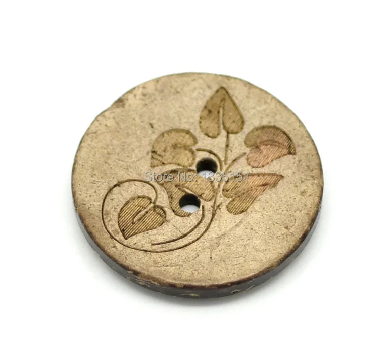 30PCs Brown Leaf Pattern 2 Holes Round Coconut Shell Sewing Buttons 28mm(1 1/8
