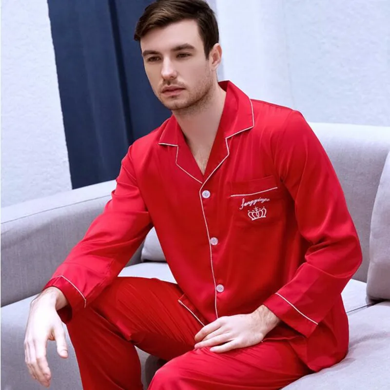 Men's Ice Silk Sation Leisure Household Clothing Long-sleeved Shirt+Trousers 2pcs Sleepwear Plus Size All Seasons Nightwear J018