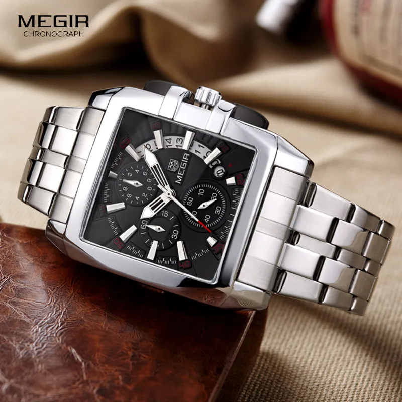 Men\'s Square Stainless Steel Dress Quartz Wrist Watches Chronograph Business Stopwatch Man Clock Relogios Masculino 2018Black