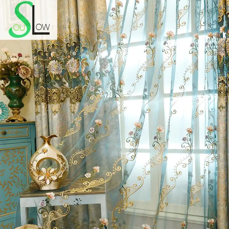 [Slow Soul] European Style High grade Water Soluble Curtain Bottom Jacquard Stitching Blue Peacock Embroidered Sheer Curtains