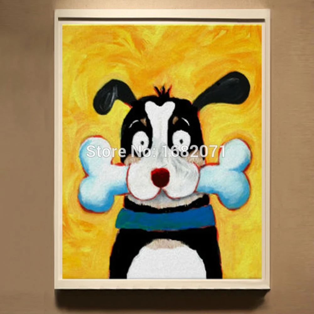 Artist Hand-painted Abstract Funny Animal Painting Happy Dog With Bone Oil Painting On Canvas For Baby Room Decoration