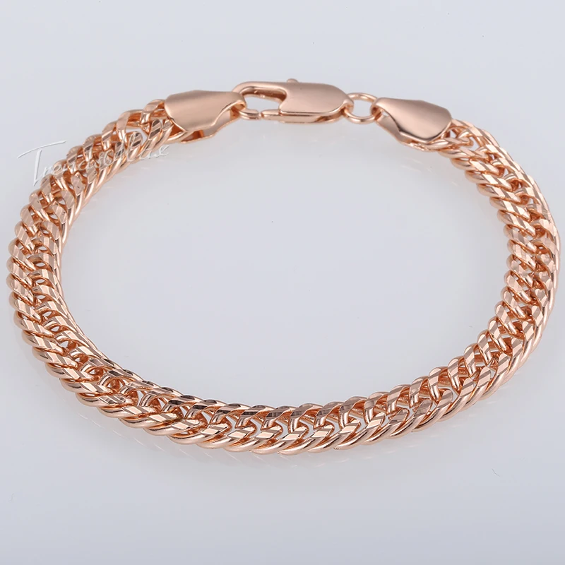 7mm Rombo 585 Rose Chain Yellow Gold Color Bracelet for Women Cut Double Curb Cuban Link 18-25cm GB294A