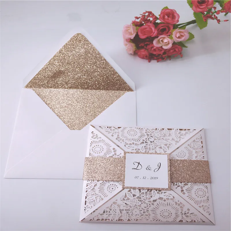 10PCS Wedding Invitation Card High-end Suit Laser Cutout Private Custom Ivory  Multi-color Flash Envelope & Belt  Provide Prints