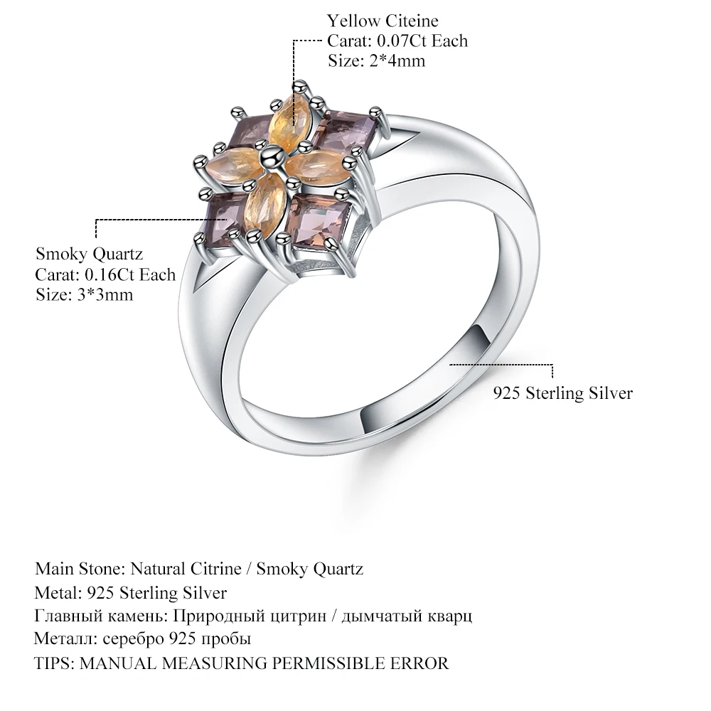 Gem\'s Ballet Multicolor Natural Smoky Quartz Citrine Cocktail Ring 925 Sterling Silver Flower Rings For Women Fine Jewelry