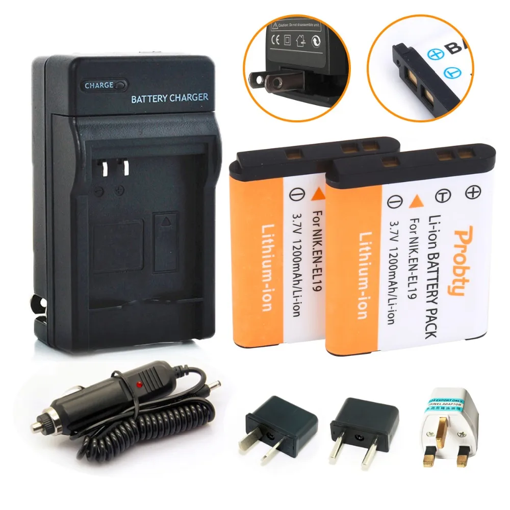 PROBTY 2pcs EN EL19 ENEL19 Battery + Charger For Nikon Coolpix S2500  S3100 S3200 S3300 S3500 S4100 S4150 S6500