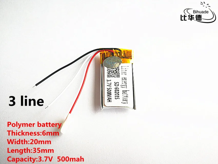 3 line Good Qulity 3.7V,500mAH,602035 Polymer lithium ion / Li-ion battery for TOY,POWER BANK,GPS,mp3,mp4