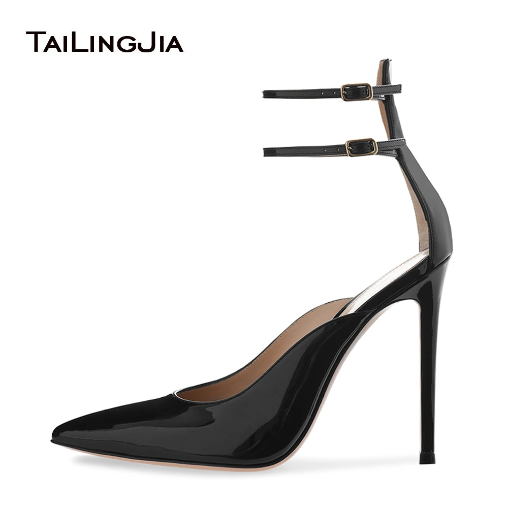 

Women High Heels Party Pumps Pointed Toe Stilettos Elegant Black Patent Leather Ankle Strap Bukle Fashion 2024 Office Shoes