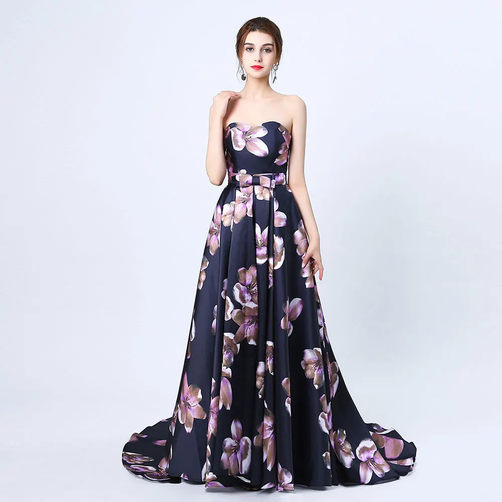 2019 Sexy Sweetheart Printing Flower Black Satin Avondjurk De Bruid Banket Hof Trein Lange Prom Partij Jassen