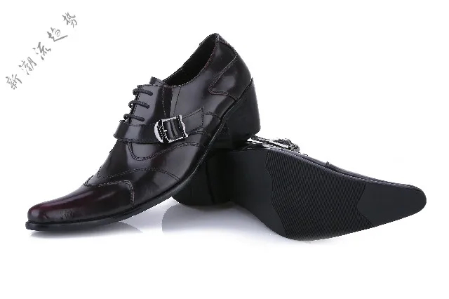 Choudory Large size EUR46 Pointed Toe lace up mens dress shoes black full grain leather high heels buckle smoking shoes men