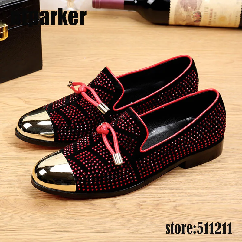 

ntparker Italian Style Handmade Red Rhinestone Men's Loafers Shoes Golden Cap Men's Dress Flats Shoes Luxury Party Wedding Shoes