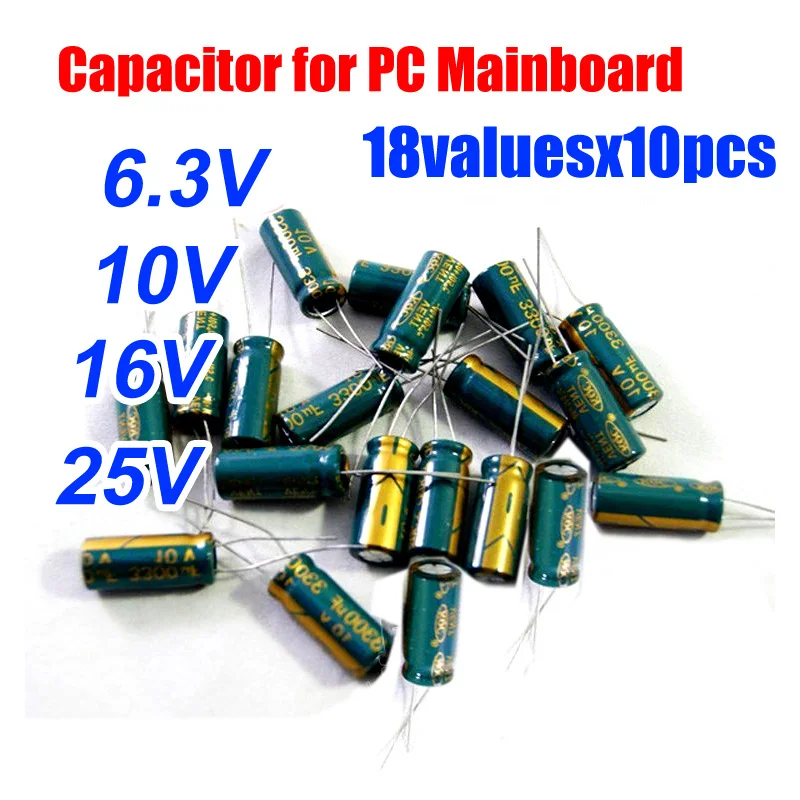 18valuesX10pcs=180pcs 6.3V/10V/16V/25V Aluminum Electrolytic Capacitor  for PC Mainboard Assortment Kit