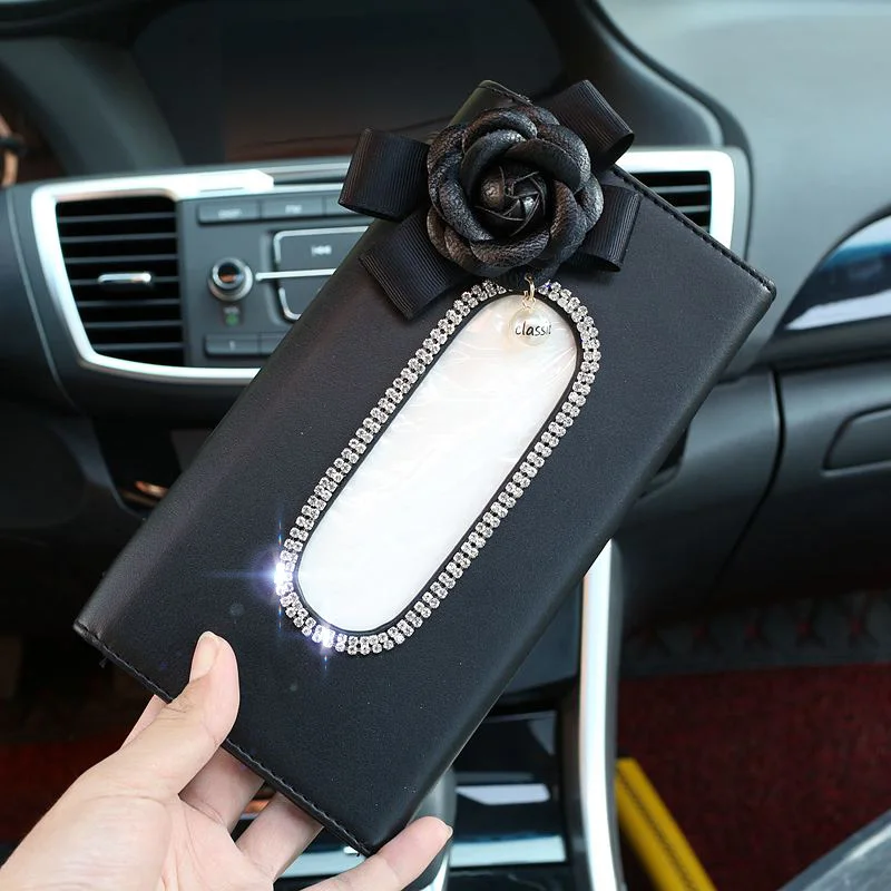 Cute Flower Crystal Tissue Box Paper Holder for Car Sun Visor Leather Hanging Auto Sunvisor Tissue Cases Women Car Accessories